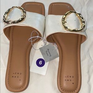 A New Day White and Tan Sandals with Gold Chain Accents